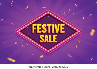 Ethnic Shape 3D Lightbox With Glowing Bulb On Purple Background. Retro Theme Design Vector Illustration. Festive Sale Concept.