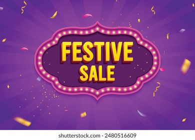 Ethnic Shape 3D Lightbox With Glowing Bulb On Purple Background. Retro Theme Design Vector Illustration. Festive Sale Concept.