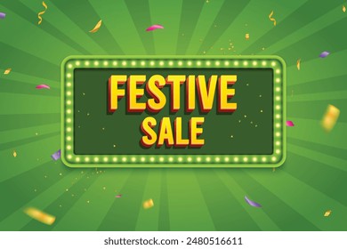 Ethnic Shape 3D Lightbox With Glowing Bulb On Green Background. Retro Theme Design Vector Illustration. Festive Sale Concept.