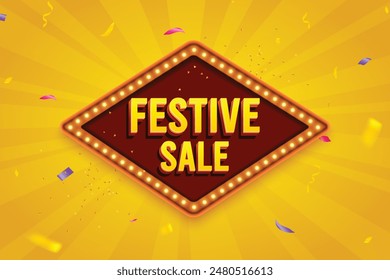 Ethnic Shape 3D Lightbox With Glowing Bulb On Yellow Background. Retro Theme Design Vector Illustration. Festive Sale Concept.