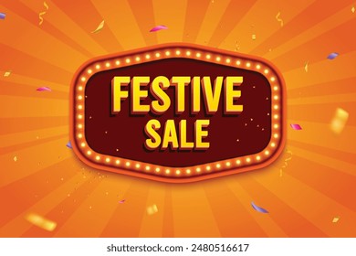 Ethnic Shape 3D Lightbox With Glowing Bulb On Orange Background. Retro Theme Design Vector Illustration. Festive Sale Concept.