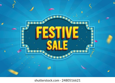 Ethnic Shape 3D Lightbox With Glowing Bulb On Blue Background. Retro Theme Design Vector Illustration. Festive Sale Concept.