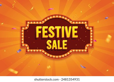 Ethnic Shape 3D Lightbox With Glowing Bulb On Orange Background. Retro Theme Design Vector Illustration. Festive Sale Concept.