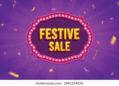 Ethnic Shape 3D Lightbox With Glowing Bulb On Purple Background. Retro Theme Design Vector Illustration. Festive Sale Concept.