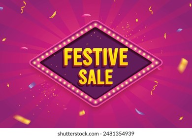 Ethnic Shape 3D Lightbox With Glowing Bulb On Pink Background. Retro Theme Design Vector Illustration. Festive Sale Concept.