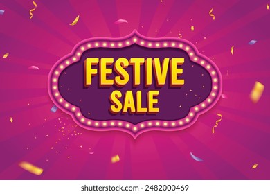 Ethnic Shape 3D Lightbox With Glowing Bulb On Pink Background. Retro Theme Design Vector Illustration. Festive Sale Concept.