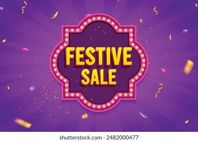 Ethnic Shape 3D Lightbox With Glowing Bulb On Purple Background. Retro Theme Design Vector Illustration. Festive Sale Concept.