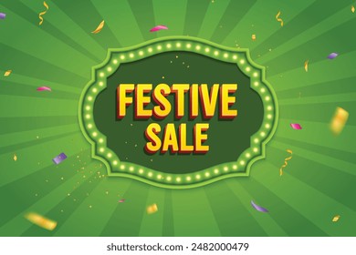 Ethnic Shape 3D Lightbox With Glowing Bulb On Green Background. Retro Theme Design Vector Illustration. Festive Sale Concept.