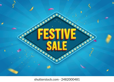 Ethnic Shape 3D Lightbox With Glowing Bulb On Blue Background. Retro Theme Design Vector Illustration. Festive Sale Concept.