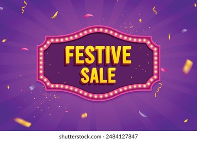 Ethnic Shape 3D Lightbox With Glowing Bulb On Purple Background. Retro Theme Design Vector Illustration. Festive Sale Concept.