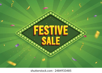 Ethnic Shape 3D Lightbox With Glowing Bulb On Green Background. Retro Theme Design Vector Illustration. Festive Sale Concept.