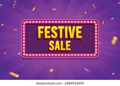 Ethnic Shape 3D Lightbox With Glowing Bulb On Purple Background. Retro Theme Design Vector Illustration. Festive Sale Concept.