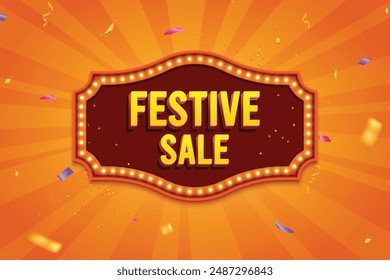 Ethnic Shape 3D Lightbox With Glowing Bulb On Orange Background. Retro Theme Design Vector Illustration. Festive Sale Concept.