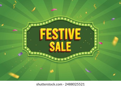 Ethnic Shape 3D Lightbox With Glowing Bulb On Green Background. Retro Theme Design Vector Illustration. Festive Sale Concept.