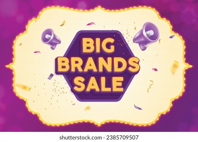 Ethnic shape marquee light with Big Brands Sale text logo on purple or violet background. Big Brands Sale banner concept.