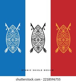 a ethnic shield has a green cross spear. have an ethnic abstract pattern
