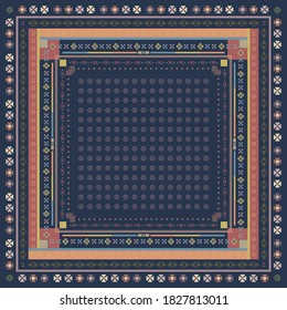 Ethnic silk scarf pattern on navy blue color. Hijab design motif