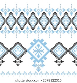 Ethnic sky blue geometric pattern on grey background. Tribal abstract pattern with cross and floral details. Seamless geometric pattern. Native American tribal fabric, Card, Scrapbook, Vector.