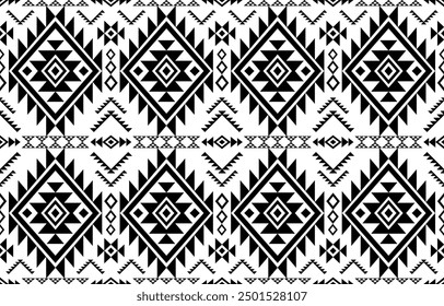 Ethnic Southwest Tribal Navajo Aztec Native American geometric ornamental seamless pattern fabric black and white design for textile printing