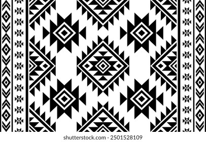 Ethnic Southwest Tribal Navajo Aztec Native American geometric ornamental seamless pattern fabric black and white design for textile printing