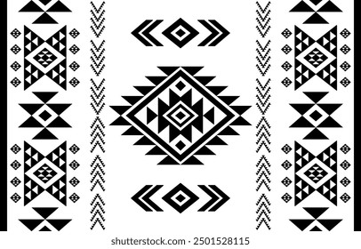 Ethnic Southwest Tribal Navajo Aztec Native American geometric ornamental seamless pattern fabric black and white design for textile printing