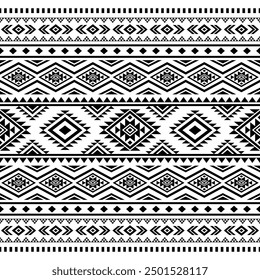 Ethnic Southwest Tribal Navajo Aztec Native American geometric ornamental seamless pattern fabric black and white design for textile printing