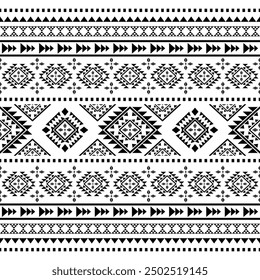 Ethnic Southwest Tribal Navajo Aztec Native American geometric ornamental seamless pattern fabric black and white design for textile printing
