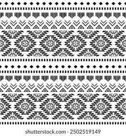 Ethnic Southwest Tribal Navajo Aztec Native American geometric ornamental seamless pattern fabric black and white design for textile printing