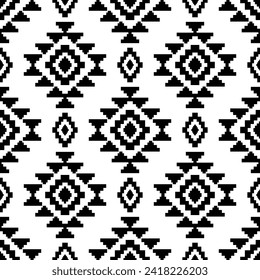 Ethnic southwest tribal navajo ornamental seamless pattern fabric black and white design for textile printing 