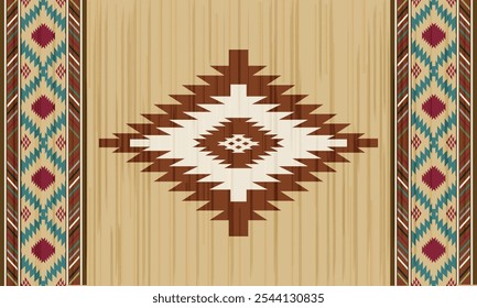Ethnic southwestern pattern featuring brown and white diamond motif with turquoise border. Traditional Native American decorative design with geometric elements on wooden texture.