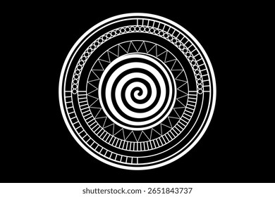 Ethnic Spiral Mandala, Sacred Geometry, Geometric shapes Circles and triangles, Mystical logo design, white tattoo icon, Mexico motifs, occult magic symbol isolated on black background
