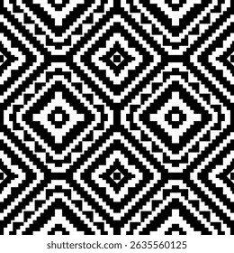 Motif abstrait géométrique cubique noir et blanc carré ethnique.Style de broderie harmonieux. Conception pour arrière-plan fond d'écran, vêtements, enveloppement, tissu, couverture, textile, impression.Motif tribal.illustration vectorielle.
