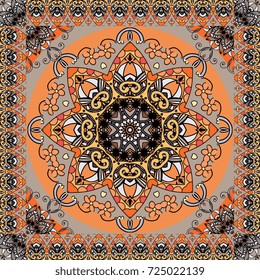 Ethnic square carpet with abstract snowflake and ornamental border. Indian, turkish, persian, arabic motives. Vector illustration in warm tones.                 