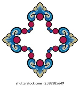 Ethnic square cross shape decorative frame. Old Russian medieval folk style. Isolated vector illustration.