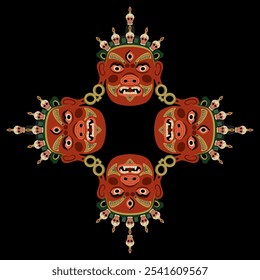 Quadro geométrico ou mandala de forma quadrada étnica com quatro máscaras budistas tibetanas. Deidade guardiã Jamsaran ou Begtse vestindo coroa de crânios humanos. Personagem de desempenho do cham. 