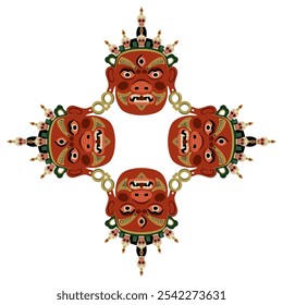 Quadro geométrico ou mandala de forma quadrada étnica com quatro máscaras budistas tibetanas. Deidade guardiã Jamsaran ou Begtse vestindo coroa de crânios humanos. Personagem de desempenho do cham.