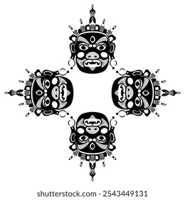 Quadro geométrico ou mandala de forma quadrada étnica com quatro máscaras budistas tibetanas. Deidade guardiã Jamsaran ou Begtse. Personagem de desempenho do cham. Silhueta em preto e branco.