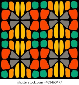 Ethnic square ornament on black background. Mosaic style. Design element for ceramic tile, paper napkin, textile.