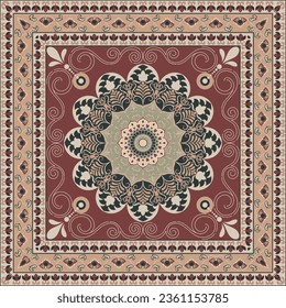 Ethnic square rug with flower mandala in warm tones. Indian, aztec, mexican motives.Bandana print.