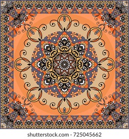 Ethnic square rug with flower mandala and zigzag ornamental frame. Shawl, lovely tablecloth, pillowcase. Russian, indian, persian motives.