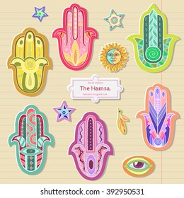 Ethnic Stickers. Isolated vector illustrations with Hand of Fatima. Good luck boho print.