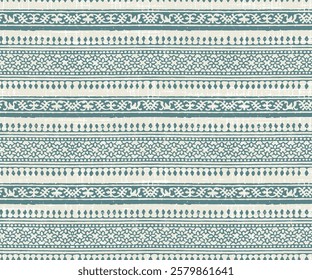 Ethnic stripe seamless pattern. Tribal traditional block print geometric vector turquoise background, boho motif, textured ornament illustration. Textile print