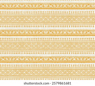 Ethnic stripe seamless pattern. Tribal traditional block print geometric vector yellow background, boho motif, textured ornament illustration. Textile print