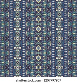 Ethnic striped blue winter fashion pattern for fabric. Abstract geometric mosaic vintage seamless pattern ornamental.