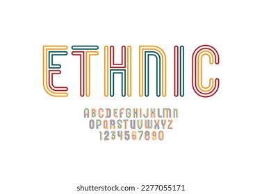 Ethnic striped font, the alphabet of linear style, capital Latin letters from A to Z and Arab numbers from 0 to 9 made in ethno style, vector illustration 10EPS