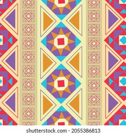 Ethnic striped seamless pattern. Beige, Yellow, Lilac, Turquoise, Red colour. Indian abstract geometric in textile design, paper, notebooks, print packaging paper, wallpaper. EPS 10