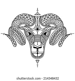 Ethnic style Aries' head vector illustration. Outline isolated