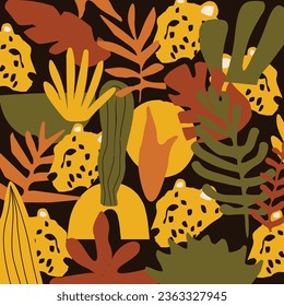 Ethnic style background with leopards and leaves. Hand drawn abstract organic shapes pattern. Contemporary collage print