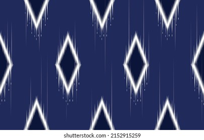 In ethnic style, blue raster minimalist geometric seamless design. Typical folk motif. Small squares, diamonds, and floral silhouettes appear in an abstract gold and black material. Elegant background
