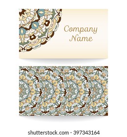 Ethnic style business cards. Mandala background. Retro style.